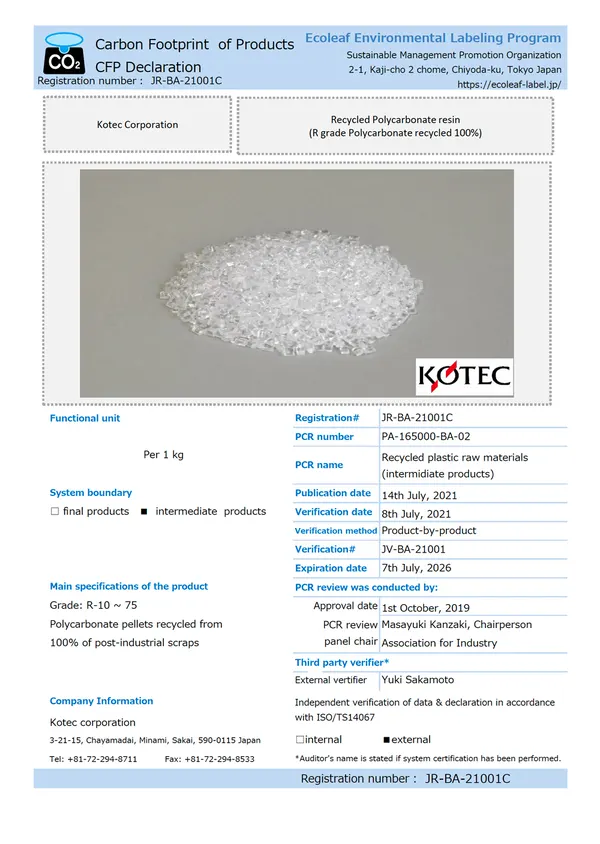 Eco Leaf declaration — R grades (recycled PC) and RS grades (recycled PPS) — issued by SuMPO