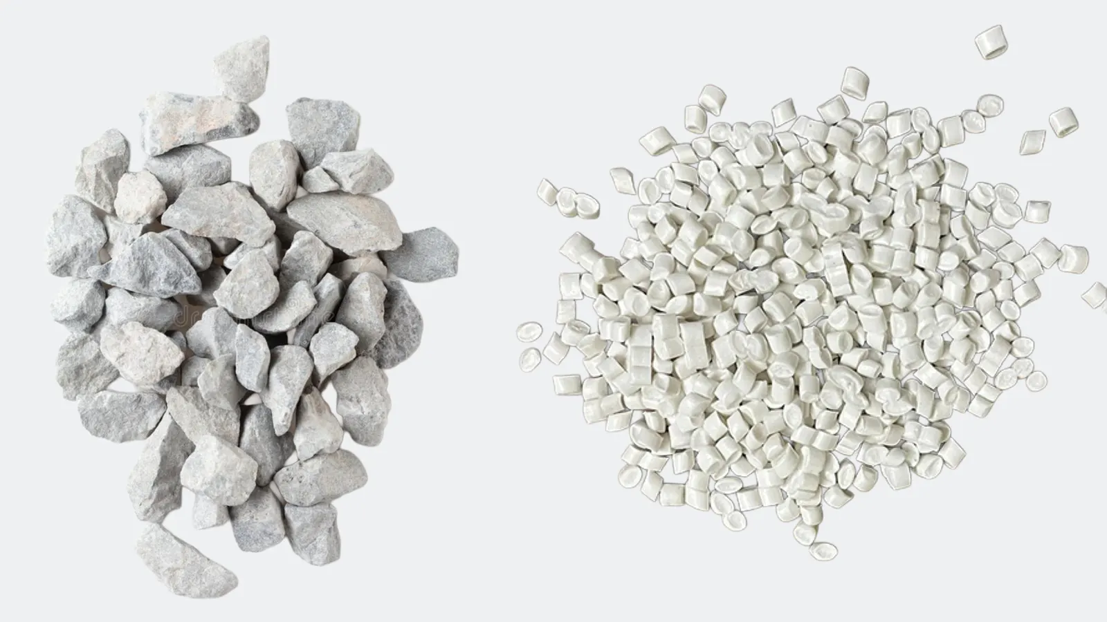 Crushed limestone next to white polycarbonate pellets